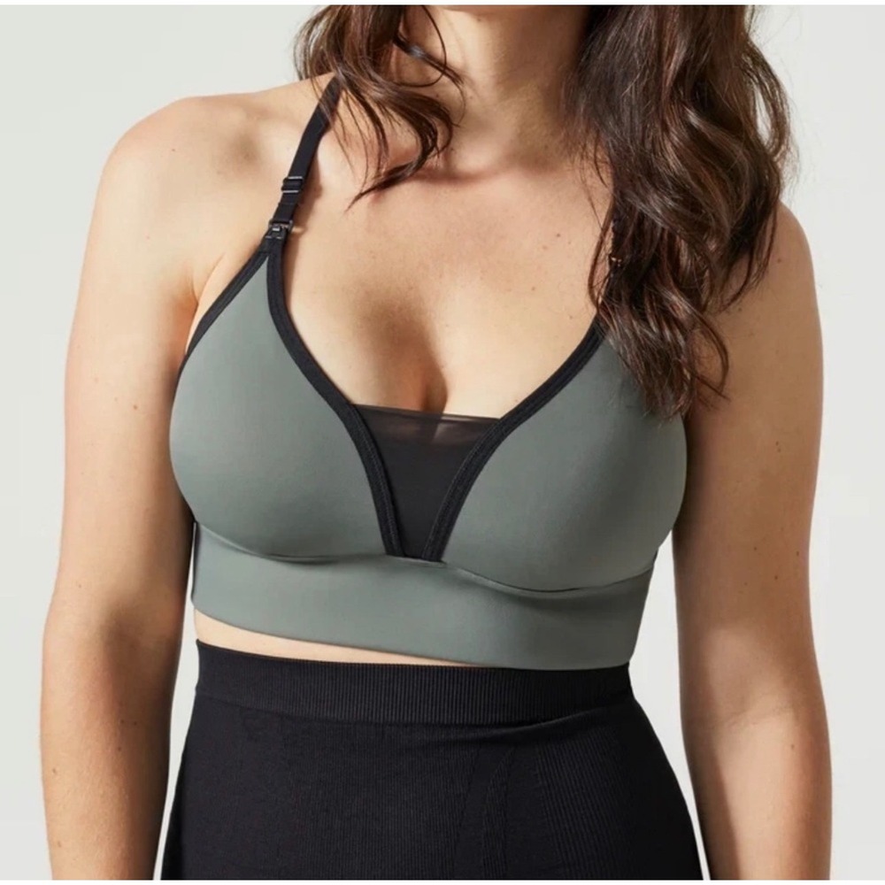Blanqi Everyday Lift Maternity Nursing Bra Sage Green Black Mesh Racerback L
